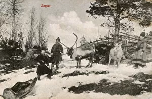 Images Dated 8th November 2016: Sami People - Norway - with Reindeer and small wooden sled