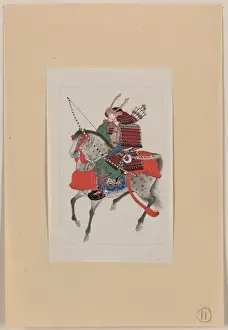 Samurai Prints: Samurai on horseback, wearing armor and horned helmet, carry