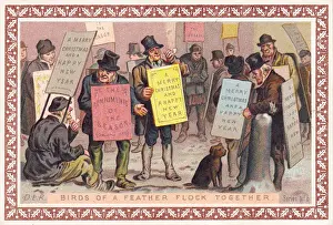 Sandwich board men on a Christmas and New Year card