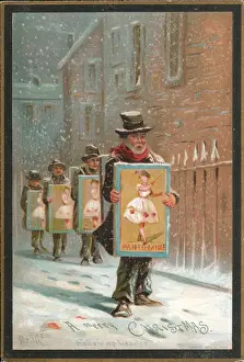 Footprints Prints: Four sandwich men in the snow on a Christmas card