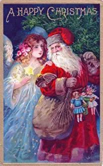Claus Prints: Santa Claus with an angel on a Christmas postcard