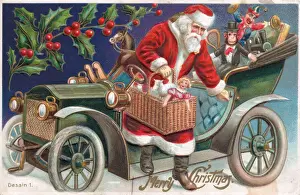 Claus Prints: Santa Claus arriving by car on a Christmas postcard