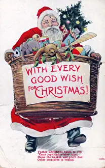 Santa Claus with basket of presents on a Christmas postcard
