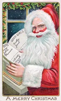 Santa Claus with book on a Christmas postcard