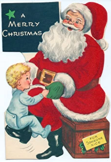 Santa Claus with boy on a Christmas card