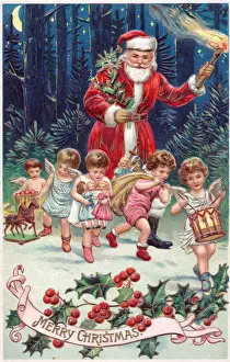 Santa Claus with cherubs on a Christmas postcard