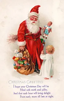 Santa Claus with child and presents on a Christmas postcard