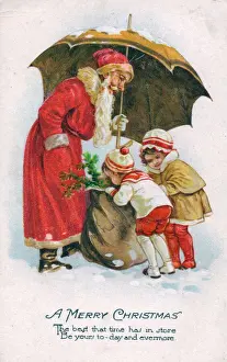 Claus Prints: Santa Claus with two children on a Christmas postcard