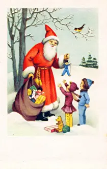 Santa Claus with children on a Christmas postcard