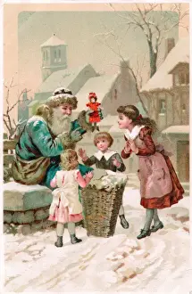 Santa Claus with children on a Christmas postcard