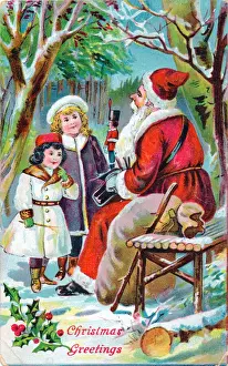 Santa Claus with children on a Christmas postcard
