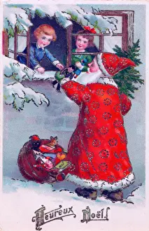 Handing Prints: Santa Claus with children on a French Christmas postcard