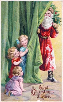 Hide Prints: Santa Claus with children and tree on a Christmas postcard