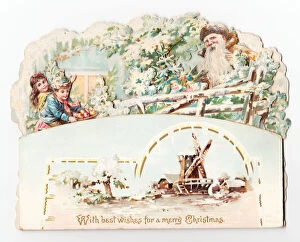Cold Gallery: Santa Claus with children and windmill on a Christmas card