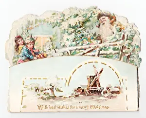 Santa Claus with children and windmill on a Christmas card
