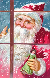 Santa Claus with doll on a Christmas postcard
