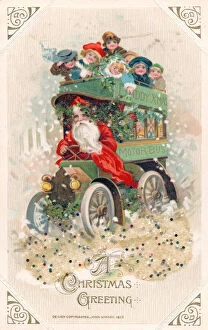 Cold Gallery: Santa Claus driving a bus on a Christmas postcard