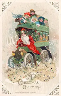 Santa Claus driving a bus on a Christmas postcard