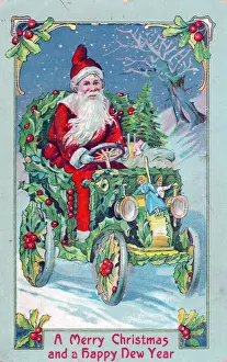 Santa Claus driving a car on a Christmas postcard