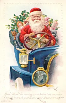 Santa Claus driving a car on a Christmas postcard