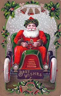 Santa Claus driving a car on a Christmas postcard