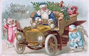 Santa Claus driving a car on a Christmas postcard