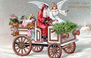 Santa Claus driving a car on a Christmas postcard