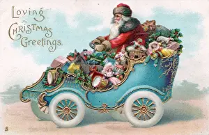 Santa Claus driving a car on a Christmas postcard