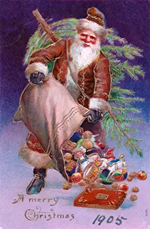 Claus Prints: Santa Claus emptying his sack on a Christmas postcard