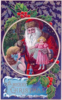 Santa Claus with girl and doll on a Christmas postcard