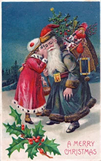 Santa Claus with girl and presents on a Christmas postcard