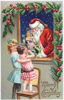 Santa Claus with girls and doll on a Christmas postcard