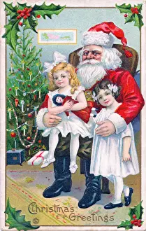 Santa Claus with girls and tree on a Christmas postcard