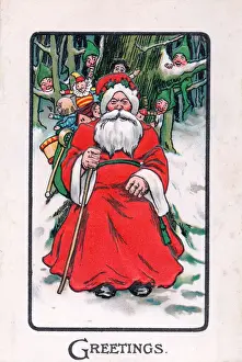 Elves Prints: Santa Claus with goblins on a Christmas postcard