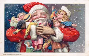 Armful Prints: Santa Claus holding presents on a Christmas postcard