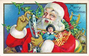 Santa Claus holding presents on a Christmas postcard