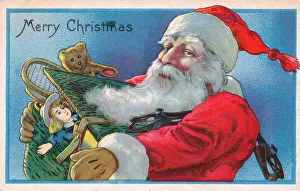 Santa Claus holding presents on a Christmas postcard