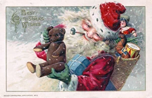 Santa Claus holding a teddy bear on a Christmas postcard
