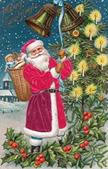 Santa Claus with holly and bells on a Christmas postcard