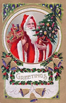 Santa Claus with holly and bells on a Christmas postcard