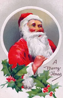Santa Claus with holly on a Christmas postcard