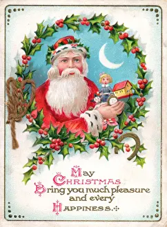 Santa Claus with holly on a Christmas postcard