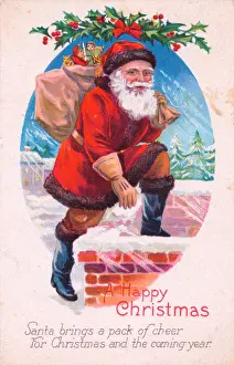 Santa Claus on a house roof on a Christmas postcard