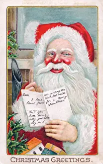 Santa Claus with letter on a Christmas postcard