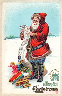 Santa Claus with list of children on a Christmas postcard