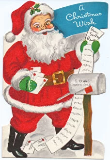 Santa Claus with list and post on a Christmas card