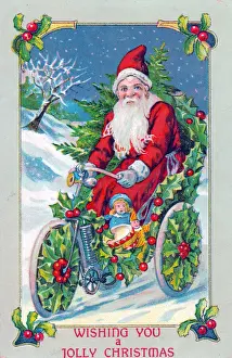 Santa Claus on a motorbike on a Christmas postcard