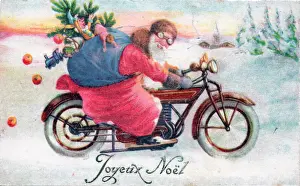 Santa Claus on a motorbike on a French Christmas postcard