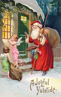 Santa Claus outside a house on a Christmas postcard