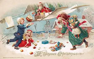 Santa Claus in a plane on a Christmas postcard